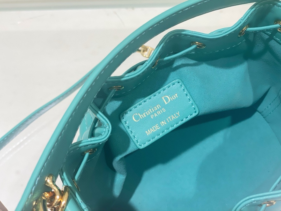 Small Dior Jolie Bucket Bag Aquamarina Macrocannage Lambskin and Calfskin